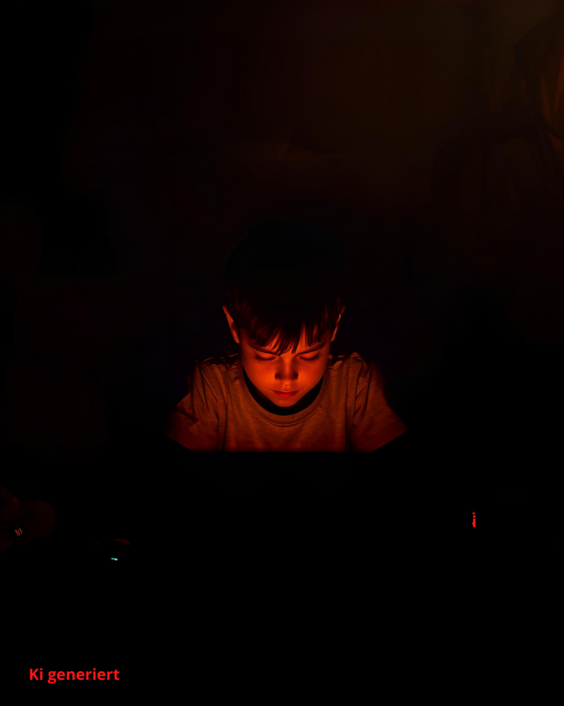 child illuminated by warm gaming glow